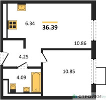 Планировка однокомнатной(квартира) площадью 36.39 квадратных метров в “ЖК Горки Парк”