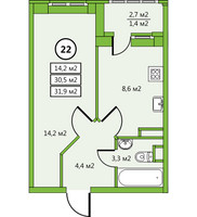 Планировка однокомнатной(квартира) площадью 31.9 квадратных метров в “ЖК Дом у озера”