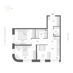 Планировка двухкомнатной(апартаменты) площадью 60.1 квадратных метров в ЖК “ЖК ARTEL (Артель)”