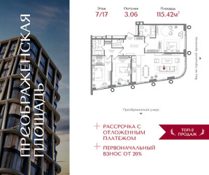 Планировка трехкомнатной(квартира) площадью 115.42 квадратных метров в ЖК “ЖК Преображенская Площадь”