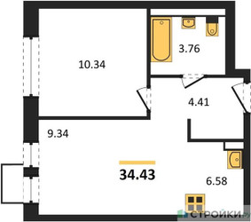 Планировка однокомнатной(квартира) площадью 34.43 квадратных метров в ЖК “ЖК Квартал Ивакино”