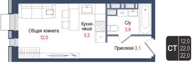 Планировка студии(квартира) площадью 22 квадратных метров в ЖК “ЖК КИНОКВАРТАЛ”