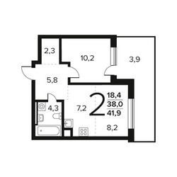 Планировка двухкомнатной(квартира) площадью 41.9 квадратных метров в ЖК “Новые Ватутинки. Заречный”