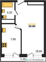 Планировка однокомнатной(квартира) площадью 30.8 квадратных метров в “ЖК Южная Долина”