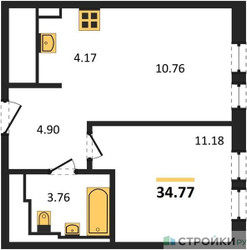 Планировка однокомнатной(квартира) площадью 34.77 квадратных метров в ЖК “ЖК Остафьево”