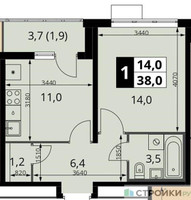 Планировка однокомнатной(квартира) площадью 38 квадратных метров в “ЖК ЮЖНАЯ БИТЦА”