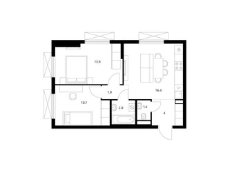 Планировка двухкомнатной(квартира) площадью 50.9 квадратных метров в ЖК “ЖК Яуза Парк (Мытищи)”