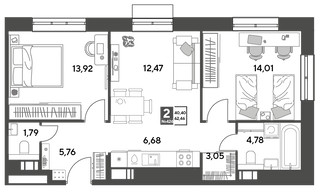 Планировка двухкомнатной(квартира) площадью 62.46 квадратных метров в “ЖК Публицист”