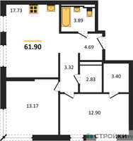 Планировка двухкомнатной(квартира) площадью 61.9 квадратных метров в “ЖК Квартал Герцена”