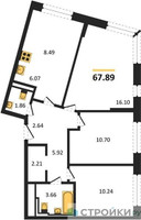 Планировка трехкомнатной(квартира) площадью 67.89 квадратных метров в “ЖК Рублевский Квартал”