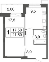 Планировка однокомнатной(квартира) площадью 41.7 квадратных метров в “ЖК Времена года”