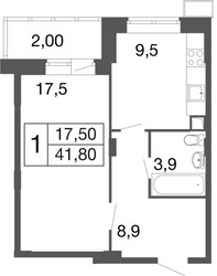 Планировка однокомнатной(квартира) площадью 41.7 квадратных метров в ЖК “ЖК Времена года”