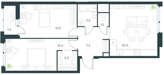 Планировка двухкомнатной(квартира) площадью 68.3 квадратных метров в “ЖК Level Лесной”