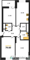 Планировка трехкомнатной(квартира) площадью 79.6 квадратных метров в “ЖК Рассказово”