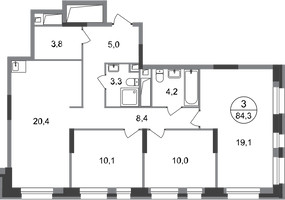 Планировка трехкомнатной(квартира) площадью 84.3 квадратных метров в “ЖК Первый Московский”