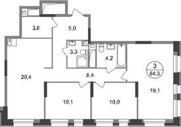 Планировка трехкомнатной(квартира) площадью 84.3 квадратных метров в ЖК “ЖК Первый Московский”