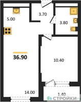 Планировка однокомнатной(апартаменты) площадью 36.9 квадратных метров в “ЖК Равновесие”