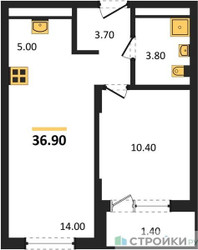 Планировка однокомнатной(апартаменты) площадью 36.9 квадратных метров в ЖК “ЖК Равновесие”