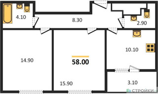 Планировка двухкомнатной(квартира) площадью 58 квадратных метров в “ЖК Режиссер”