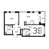 Планировка трехкомнатной(квартира) площадью 56.7 квадратных метров в “Новые Ватутинки. Заречный”