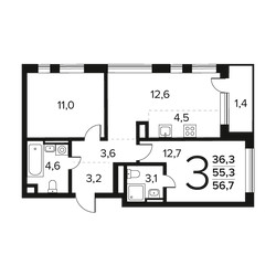 Планировка трехкомнатной(квартира) площадью 56.7 квадратных метров в ЖК “Новые Ватутинки. Заречный”
