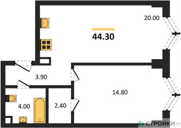 Планировка однокомнатной(квартира) площадью 44.3 квадратных метров в ЖК “ЖК ЗИЛАРТ”