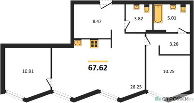 Планировка двухкомнатной(квартира) площадью 67.62 квадратных метров в ЖК “ЖК Insider (Инсайдер)”
