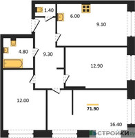 Планировка трехкомнатной(квартира) площадью 71.9 квадратных метров в “ЖК Skolkovo ONE (Сколково Уан)”