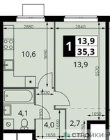 Планировка однокомнатной(квартира) площадью 35.3 квадратных метров в “ЖК 1-й Измайловский (Первый Измайловский)”