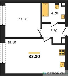 Планировка однокомнатной(квартира) площадью 38.8 квадратных метров в ЖК “ЖК ЗИЛАРТ”