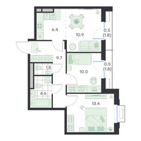 Планировка трехкомнатной(квартира) площадью 57.5 квадратных метров в “ЖК G3 Михалевич”