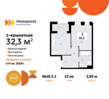 Планировка однокомнатной(квартира) площадью 32.3 квадратных метров в “ЖК Прокшино”