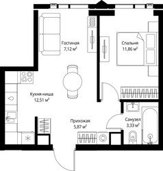 Планировка однокомнатной(квартира) площадью 40.69 квадратных метров в ЖК “ЖК Джойс”