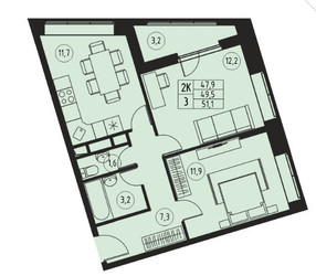 Планировка двухкомнатной(квартира) площадью 49.5 квадратных метров в ЖК “ЖК Ривер-Парк”