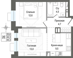 Планировка двухкомнатной(квартира) площадью 44.3 квадратных метров в “ЖК КИНОКВАРТАЛ”