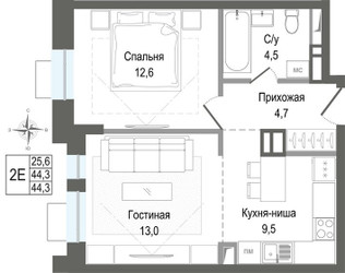 Планировка двухкомнатной(квартира) площадью 44.3 квадратных метров в ЖК “ЖК КИНОКВАРТАЛ”