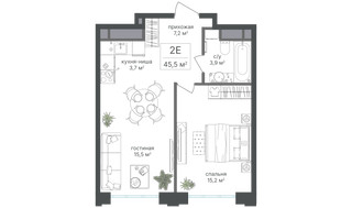 Планировка двухкомнатной(квартира) площадью 45.5 квадратных метров в “ЖК Михалковский”