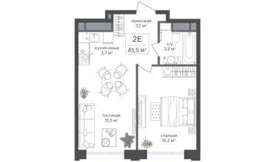 Планировка двухкомнатной(квартира) площадью 45.5 квадратных метров в ЖК “ЖК Михалковский”
