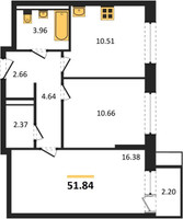 Планировка двухкомнатной(квартира) площадью 51.84 квадратных метров в “ЖК Квартал Сабурово”
