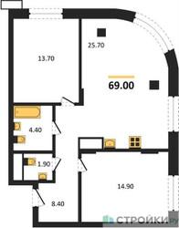 Планировка двухкомнатной(квартира) площадью 69 квадратных метров в ЖК “ЖК Резиденции Сколково”
