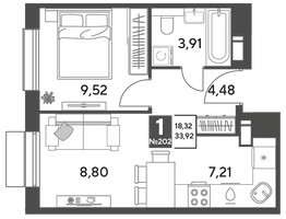 Планировка однокомнатной(квартира) площадью 33.92 квадратных метров в “ЖК Публицист”