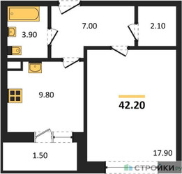 Планировка однокомнатной(квартира) площадью 42.2 квадратных метров в ЖК “ЖК Малиново”