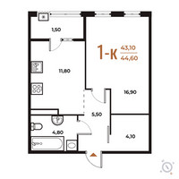 Планировка однокомнатной(квартира) площадью 44.6 квадратных метров в “ЖК Новое Летово”