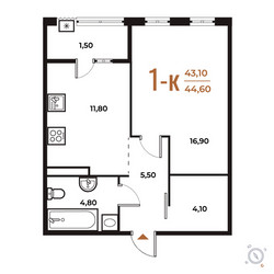 Планировка однокомнатной(квартира) площадью 44.6 квадратных метров в ЖК “ЖК Новое Летово”