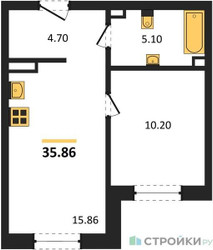 Планировка однокомнатной(квартира) площадью 35.86 квадратных метров в ЖК “Ласточкино”