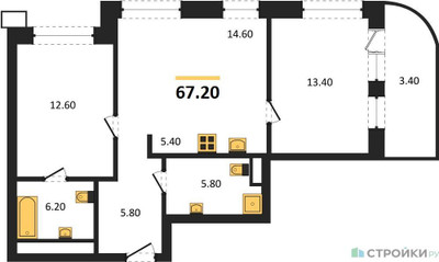 Планировка двухкомнатной(квартира) площадью 67.2 квадратных метров в ЖК “ЖК Родина Парк”