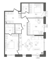 Планировка трехкомнатной(квартира) площадью 90.3 квадратных метров в “ЖК ПЕЙВ”