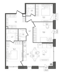 Планировка трехкомнатной(квартира) площадью 90.3 квадратных метров в ЖК “ЖК ПЕЙВ”