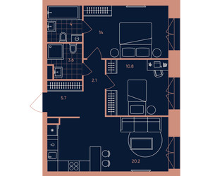 Планировка трехкомнатной(квартира) площадью 60.4 квадратных метров в ЖК “ЖК Era (Эра)”