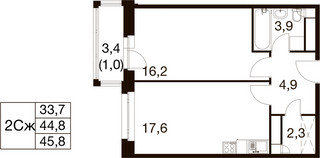 Планировка однокомнатной(квартира) площадью 44.4 квадратных метров в “ЖК Идеал”
